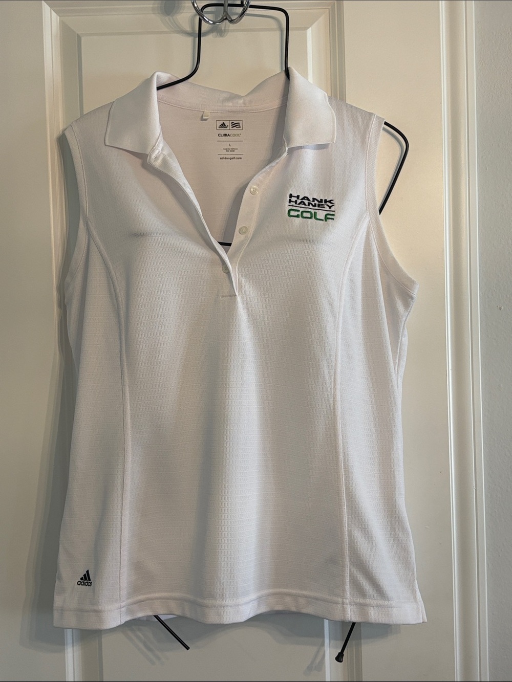 Adidas women’s White Sleeveless Clima Cool Hank Haney Golf Polo shirt - large